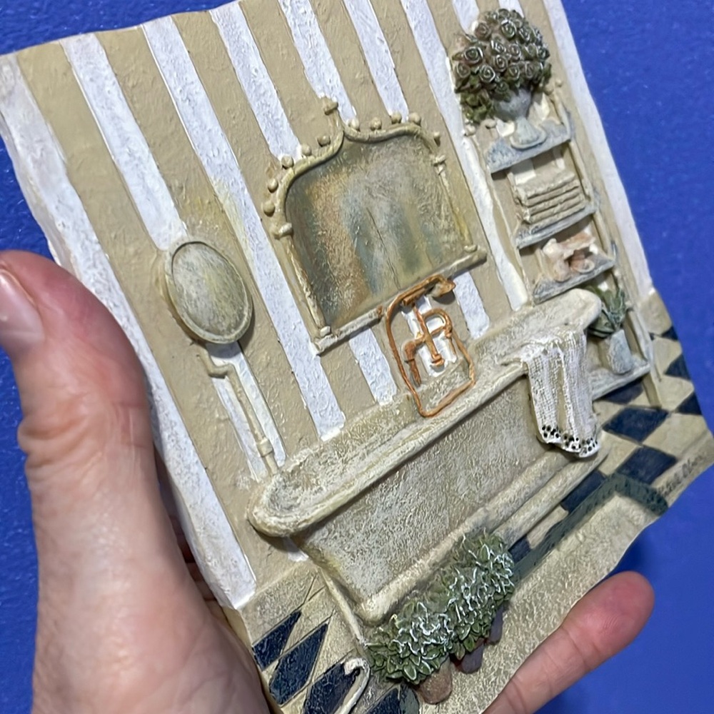3D ceramic tile bathroom handmade beige bath tub scene signed by painter Olsen